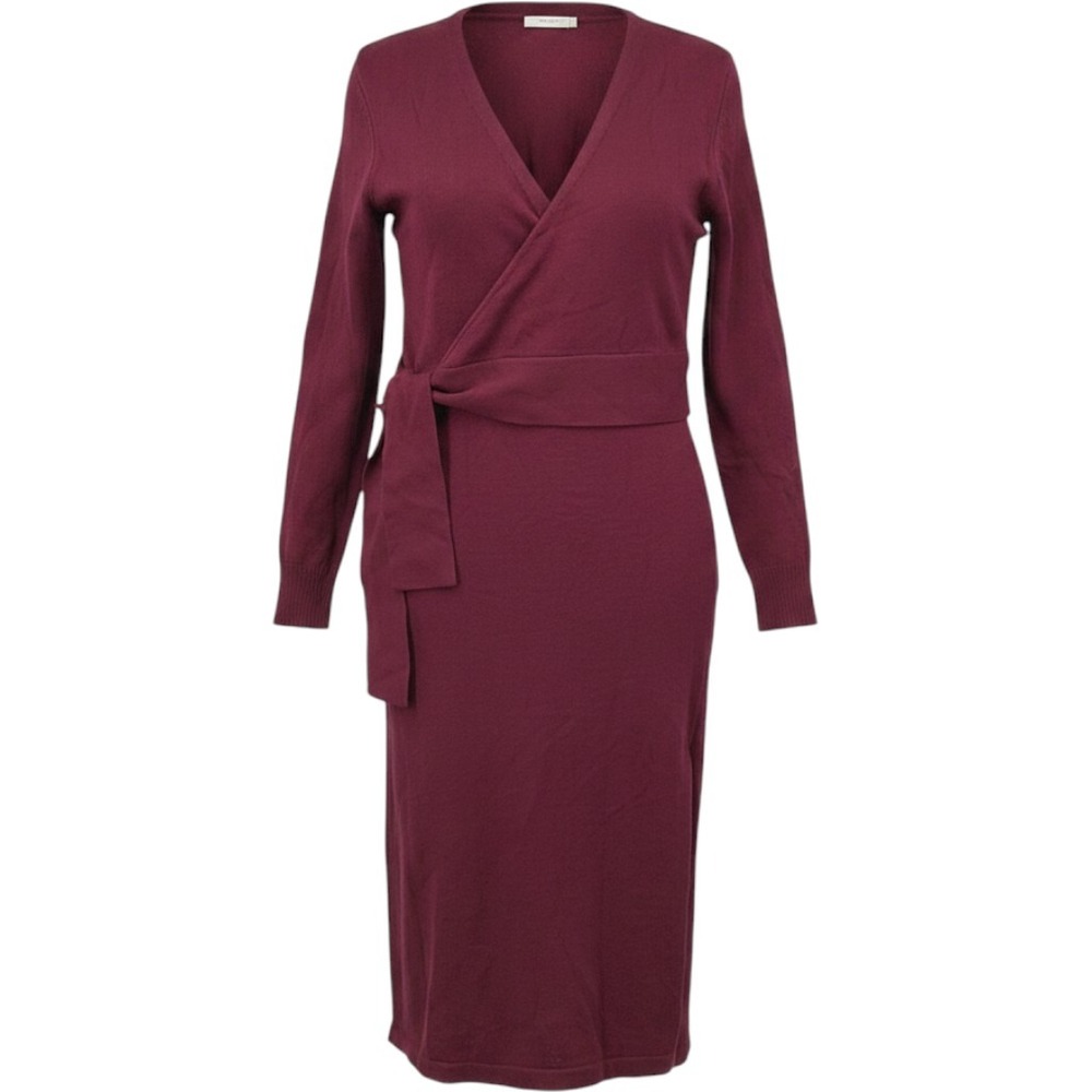 Laila Ali Knit Wrap Dress Womens M Burgundy Solid Tie Waist Midi Elegant‎ New
